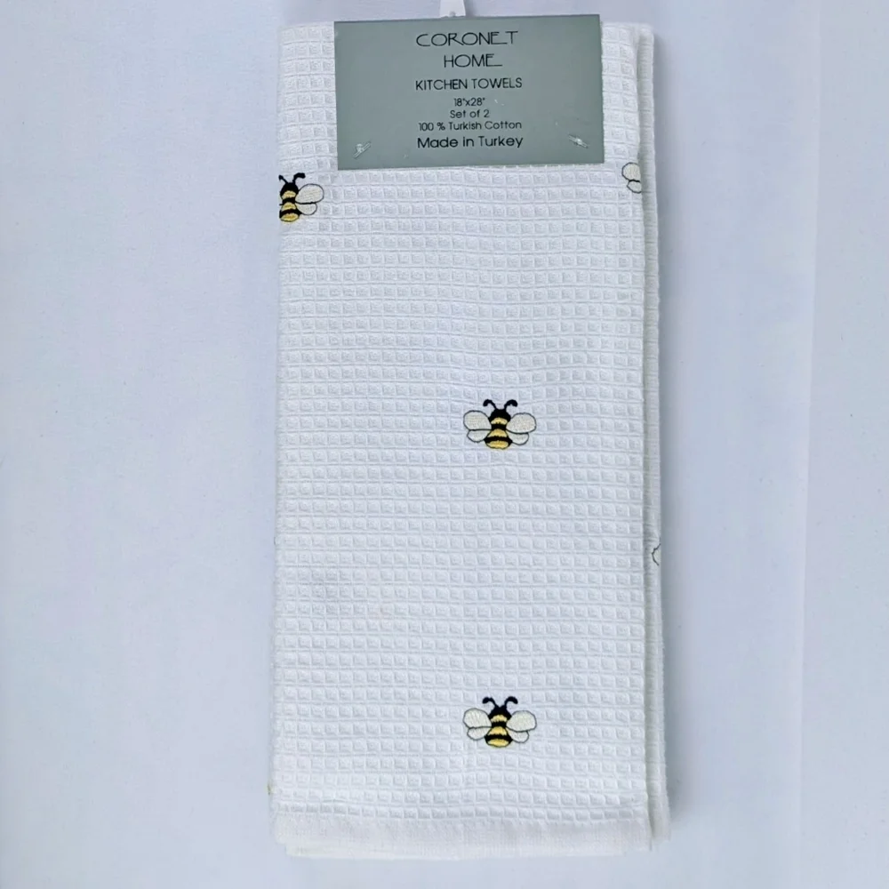 Kitchen Towel Set Of Two (2) Bumble Bee Embroider Applique 100% Cotton White NWT